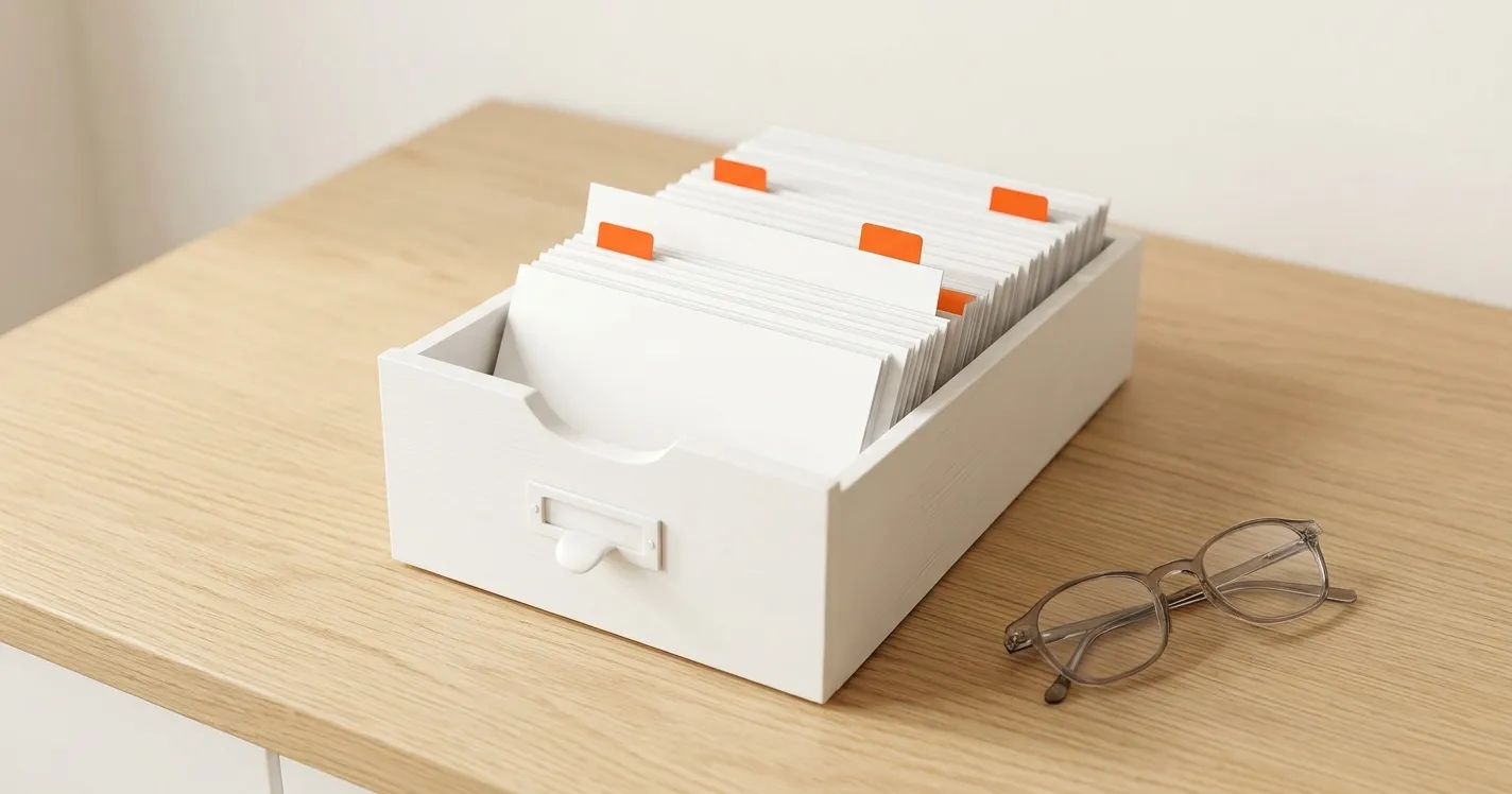 A drawer of sorted white index cards with orange tabs, next to a pair of reading glasses.