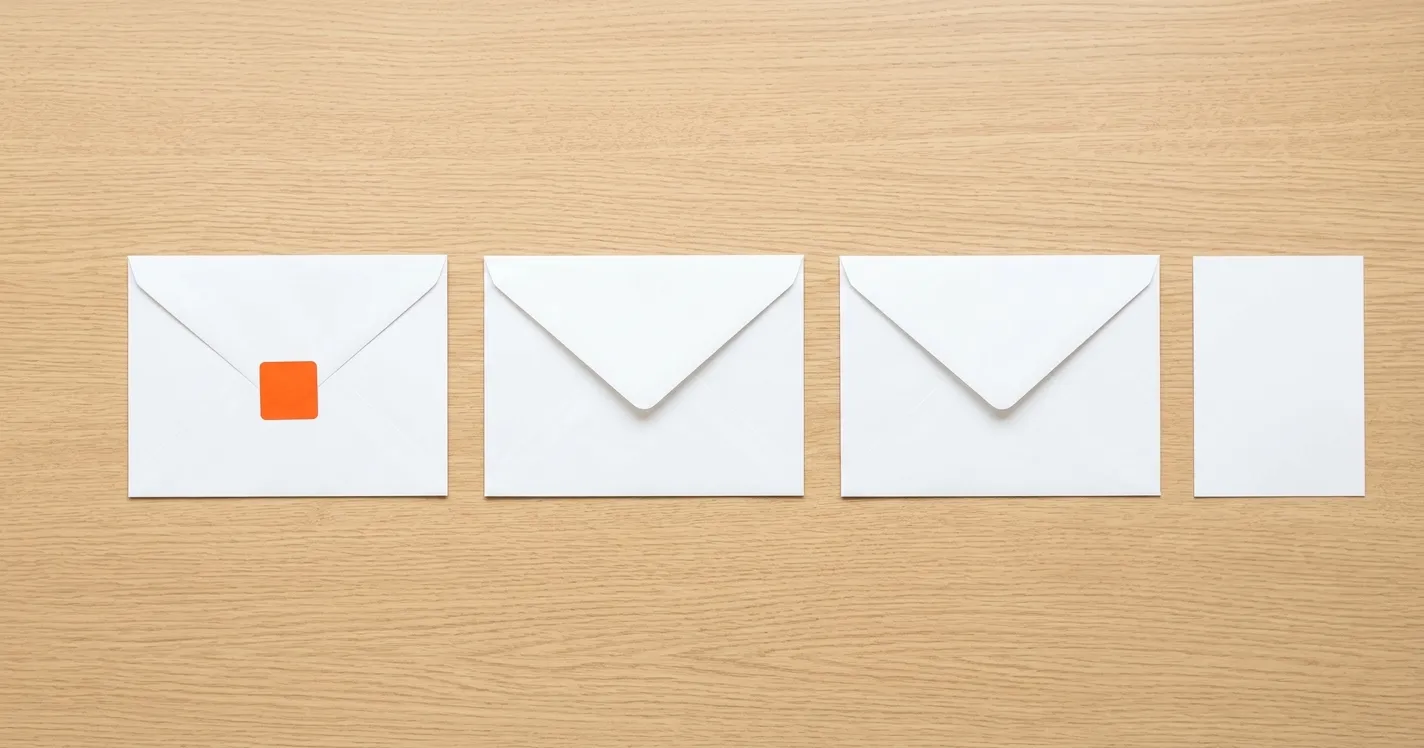 Three white envelopes in a row, the first marked with an orange sticker.