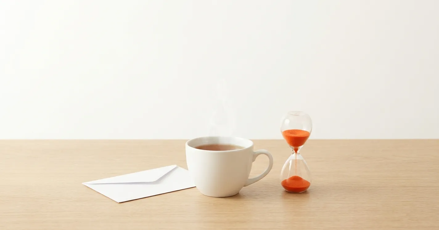 A steaming cup of tea next to a white envelope and an hourglass with orange sand.