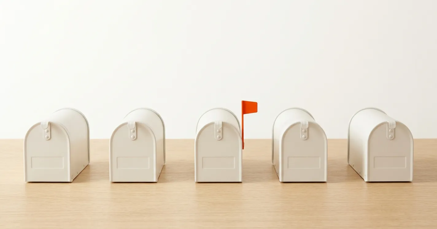 Five white mailboxes in a row, one with its orange flag raised.